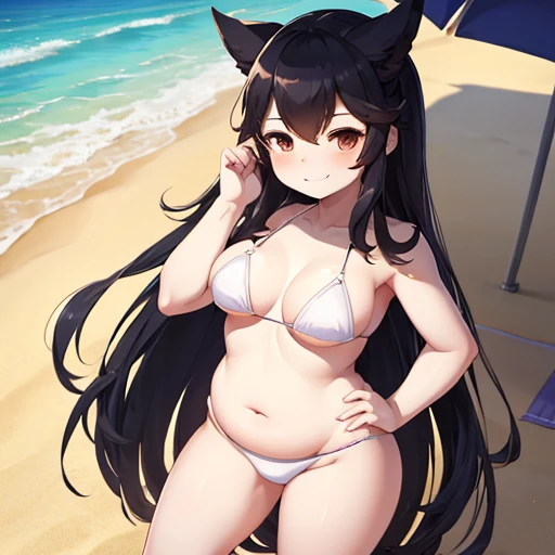 1girl, masterpiece, Atago from Azur Lane, beach, white skimpy micro bikini, full body shown, tall, slightly chubby, devious smiling face, sexy standing pose hips to the side, black long hair