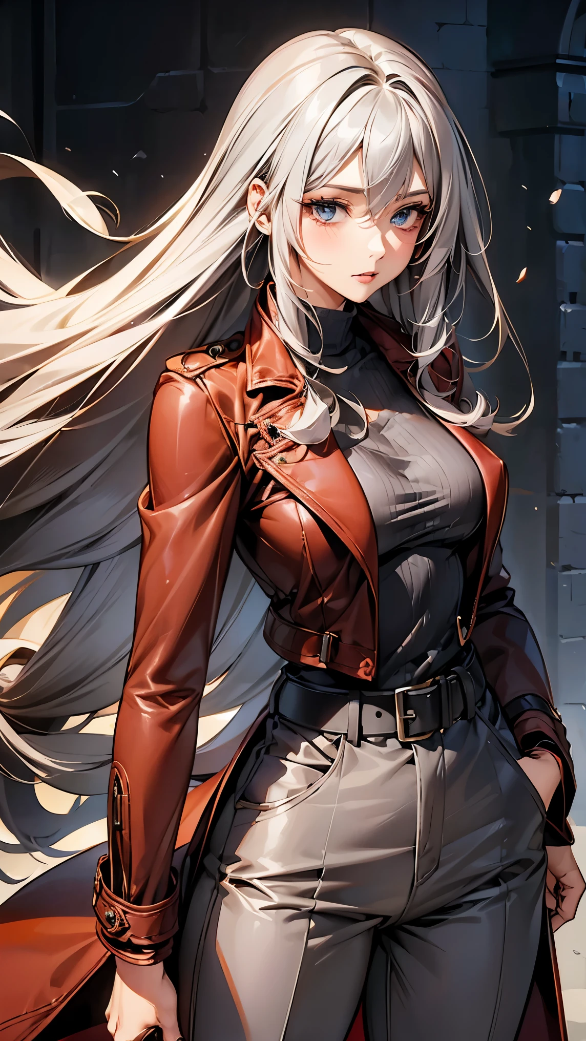 (mature woman1name), (gray hair, long hair:1.3), blue colored eyes, (medium breasts), (red leather long coat), belt, pants, office, masterpiece, high quality,