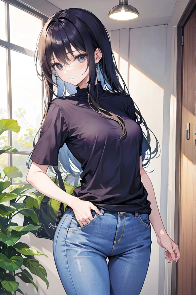 woman、shirt、skinny jeans、long hair、small breasts