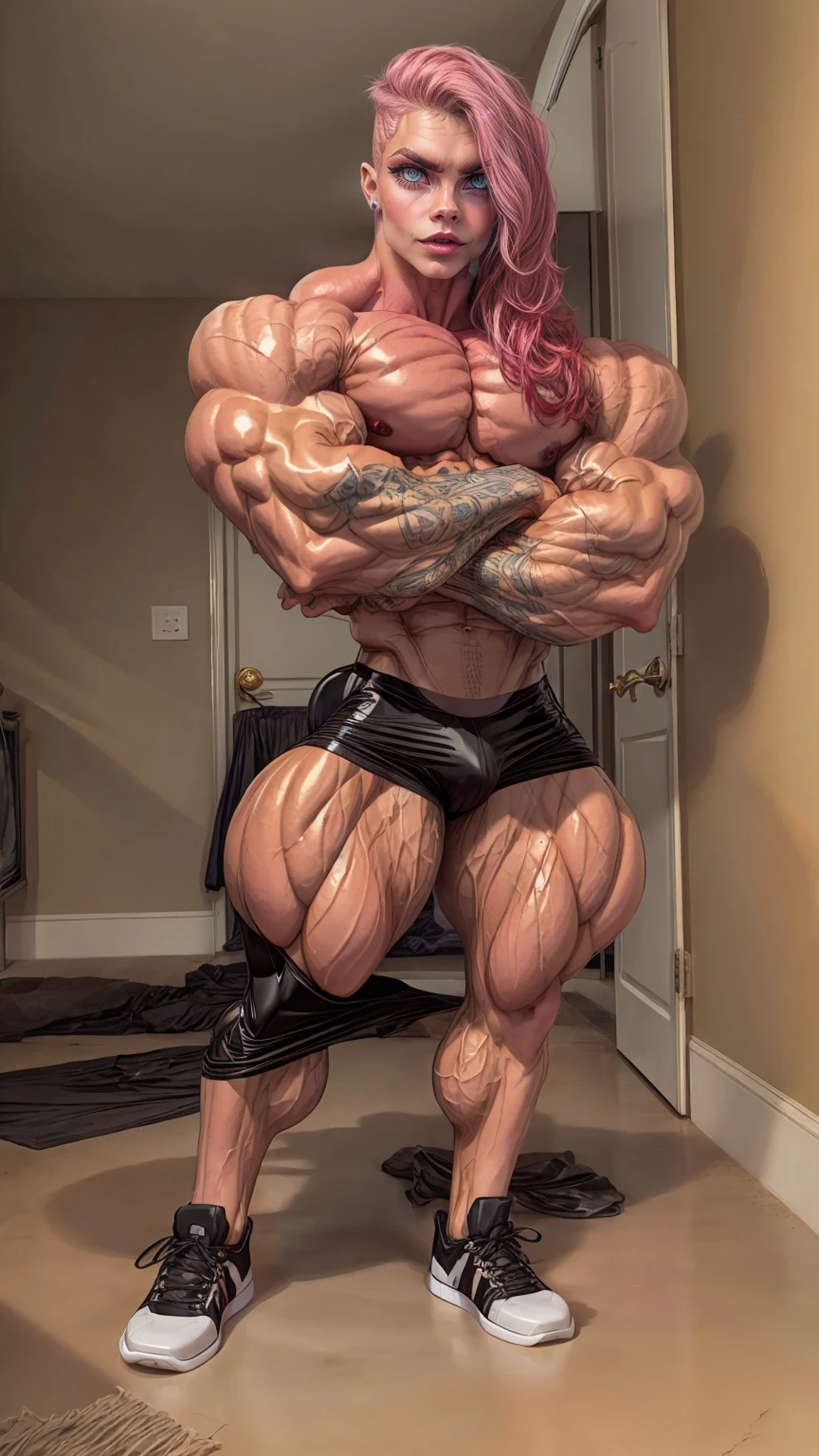 (1 girl:1.25), (cara delevingne:1.25), young girl, masculine physique, seductive face, seductive look, long pink hair, perfect muscular body, super skinny legs, latex panties, sissy, femboy, (huge muscular arms:1.25),