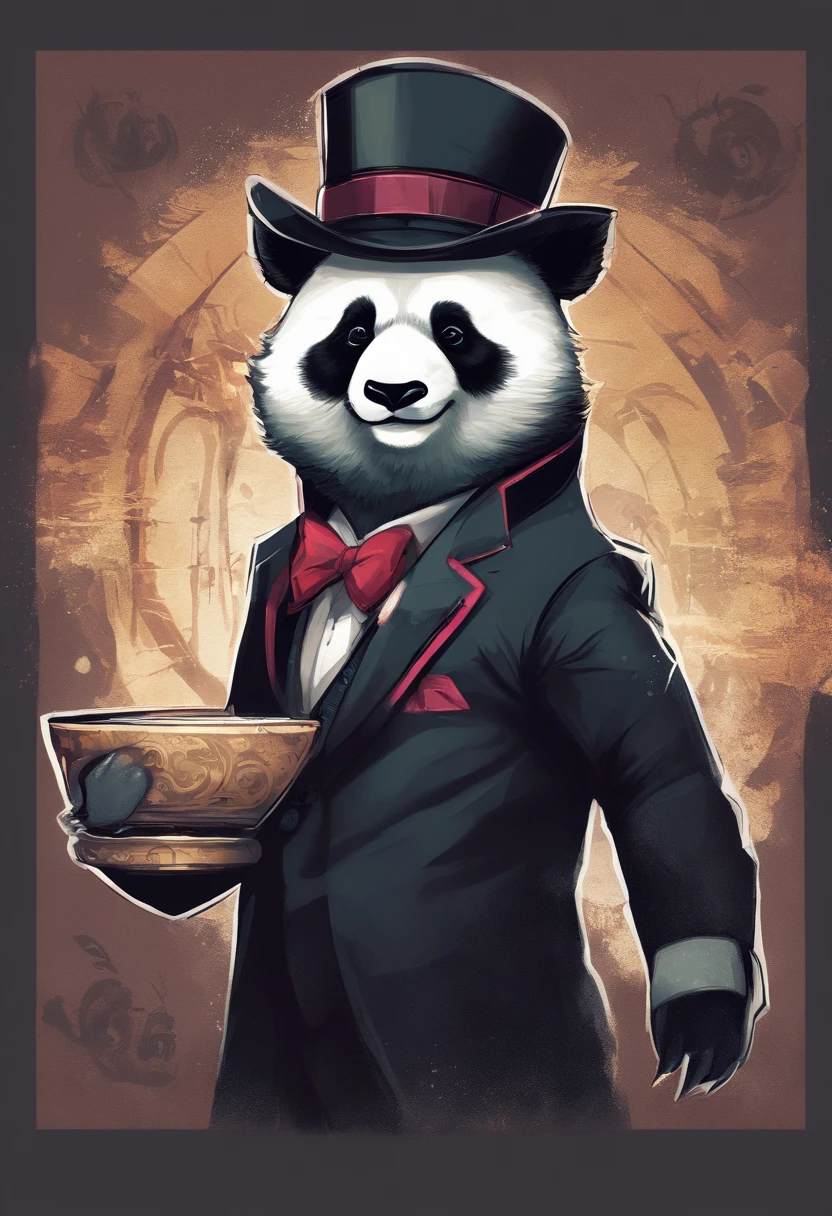 anthropomorphic panda, de cuerpo entero, vestido formalmente con un blazer, sostiene una bandeja, pegatina de panda, sticker de panda.