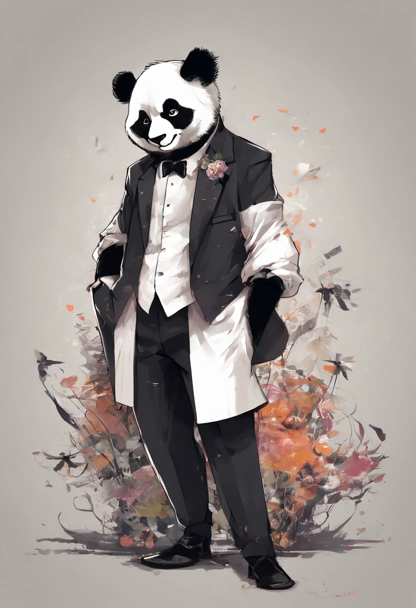 anthropomorphic panda, de cuerpo entero, vestido formalmente con un blazer, sostiene una bandeja, pegatina de panda, sticker de panda.
