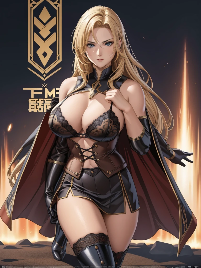 realistic,polite attire, Battle hero action movie, (Fighter Action War Movie Poster),(Foundation Film Reference: 1.8),realistic,Hero Action Cosplay,(realistic face resolution),Movie Poses,adult,skinny,big,Dark blonde woman with long hair,serious face,SF,SF,Mr.々Supporting characters, Sexy undercup bra, Lace bustier, Lace waist curtains, high heel long leather boots, Wear a long cape, Strike a sexy pose, ((Accurate depiction of each part of the hands, arms and legs, Depict with care))