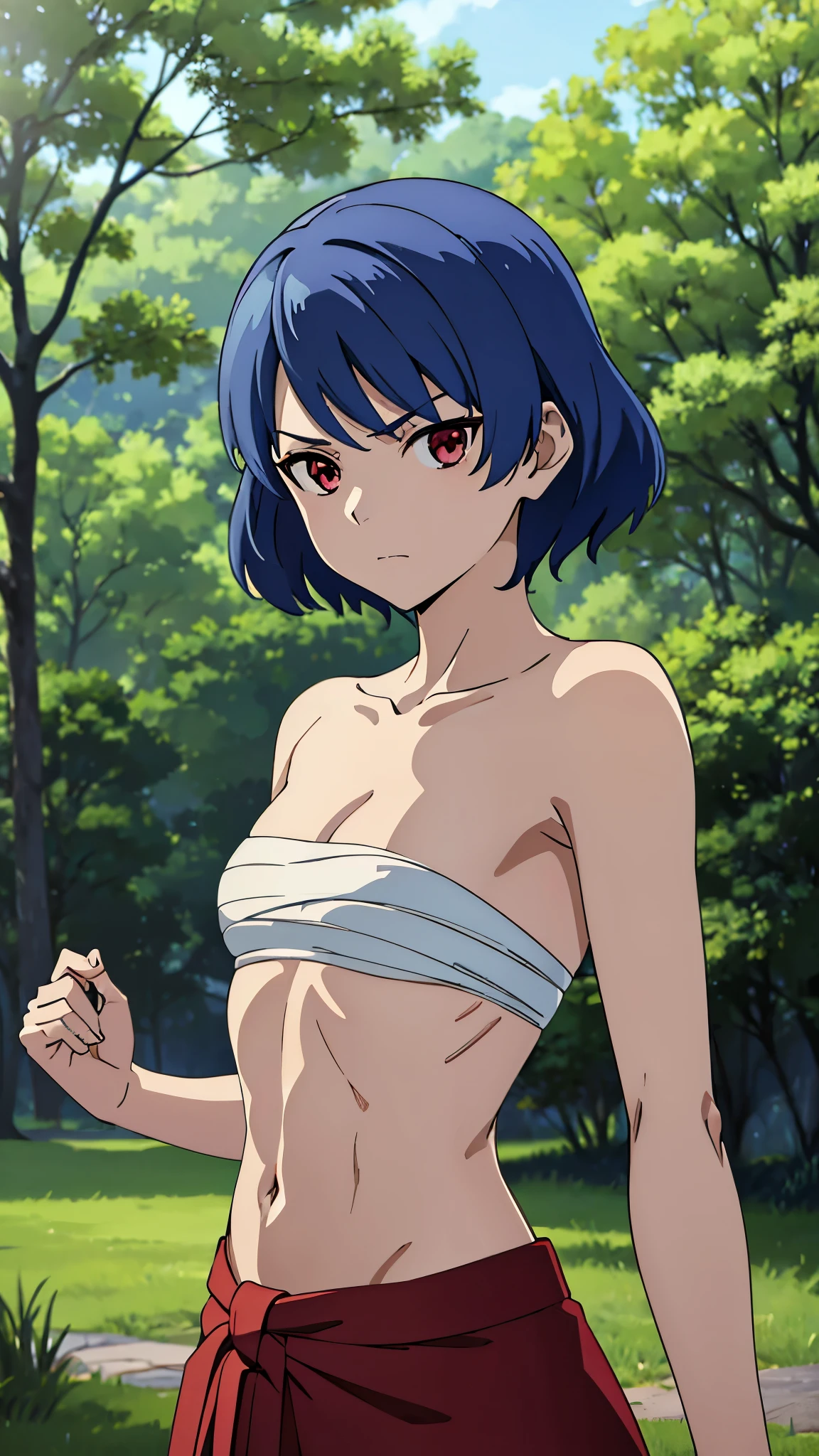 masterpiece, highres, solo, 8k, detailed, perfect face, best quality, (ultra high quality), (looking at viewers), (armpit), collarbone, bare arms, medium breast, cleavage, dark blue hair, short hair, red eyes, belly, stomach, navel, abs, sarashi chest, bandaged breast, (red hakama), slim body, upper body, emotionless, flat face, closed mouth, at forest, hand up