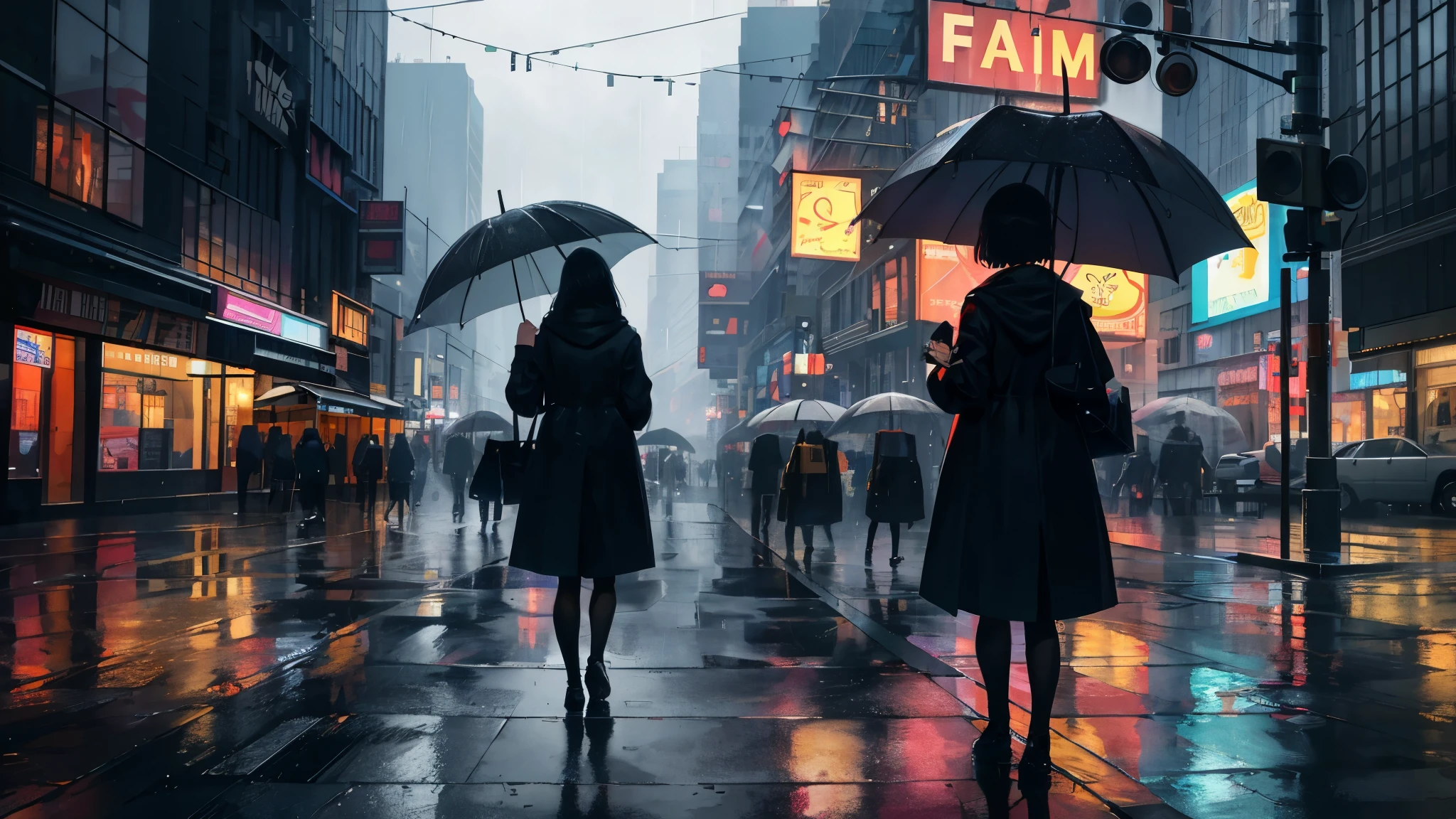 Title: "Rainy Day Reflections"

Description:
Amidst the symphony of raindrops, a rainy day transforms the cityscape into a mesmerizing wonderland. Neon lights of stores bounce off the wet pavement, casting a dreamlike aura as the urban jungle pulses with life. The relentless rain paints the streets with shimmering reflections, creating an ethereal atmosphere. Pedestrians, armed with umbrellas, hurriedly traverse the sidewalks, desperately seeking shelter from the relentless rain. Amidst the urban cacophony, a lone figure emerges; standing beneath the flickering, spectral