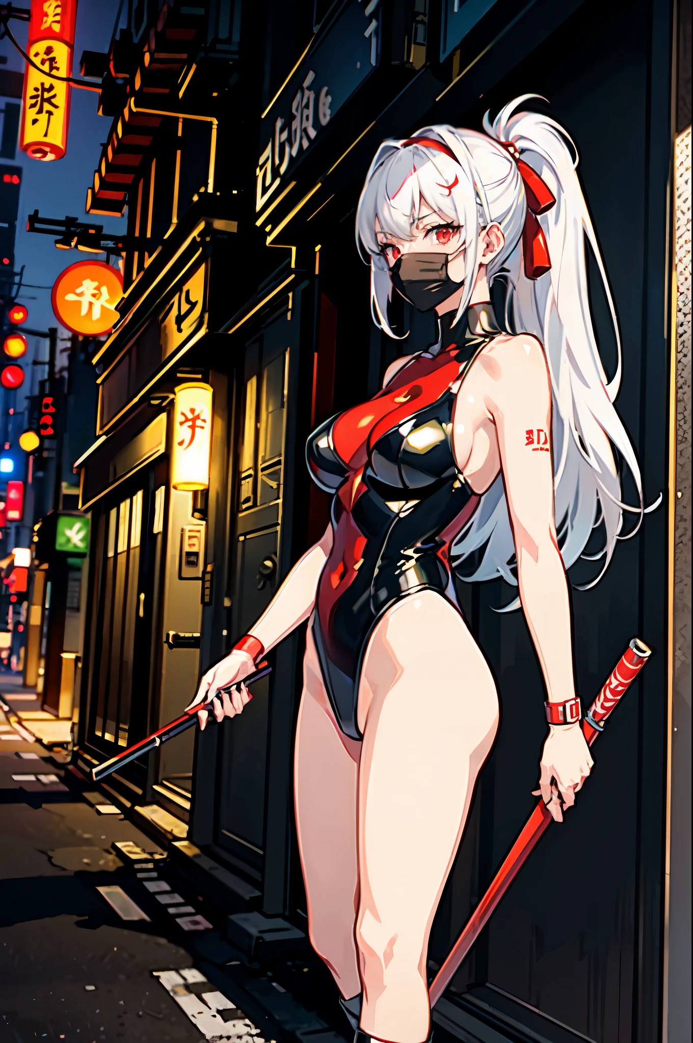 masterpiece, best quality, solo, solo focus, japanese yakuza mobster girl with a red gymnast leotard, matching boots, matching gloves, long hair, white hair, red hairband, glowing red eyes, face mask, bare legs, perfect anatomy, perfect proportions, uses bo staff, facial scar, heroic, stylish, hdr, intricate details, hyperdetailed, cinematic, rim light, danger atmosphere, noir, night, cyberpunk lighting, tokyo street