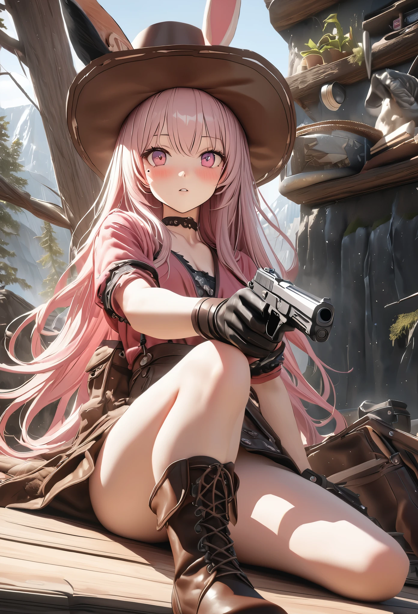 masterpiece,highest quality, Super detailed, High resolution, expensive resolution, HDR, 4k, 8K, unity 8k wallpaper, Super detailed CG, masterpiece, photo-realistic, 2D, 3D, beautiful details, depth, fine texture , super fine: 1.3, Fully focused, Crispy.skin, .he,
Very cute anime girl with 、Desolate wilderness、cowboy styleの衣装、cowboy hat、cowboy boots、handgun、Mexican Wilderness、duel、handgunを持って立っている、Pink semi-long hair wearing expensive , one girl、alone, Pink semi-long hair, animal ears, Bunny ears, cowboy style、cowboy hat、handgun、duel、cowboy boots、computer、disk、mole under the eye, looking at the viewer , expensive , blush, mole, Bunny ears, parted lips, hair ornaments, heart, pink eyes, choker