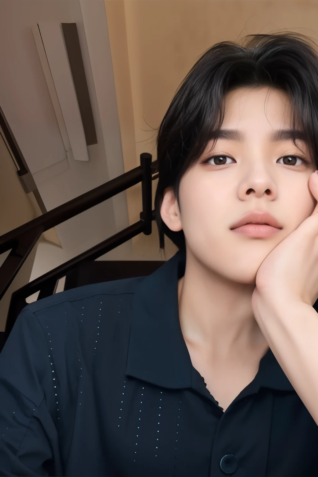 There is a man who is sitting with his hand on his face, Kim Doyoung, Jimin\the right eyelid is swollen, Jimin\the full lips, inspirado em Zhang Han, Taehyung comendo batatas fritas Gucci, adorable and pale korean face, Jinyoung Shin, taken at the beginning of 2020, young pale angel, hyung tae, imagem de perfil, taejune kim