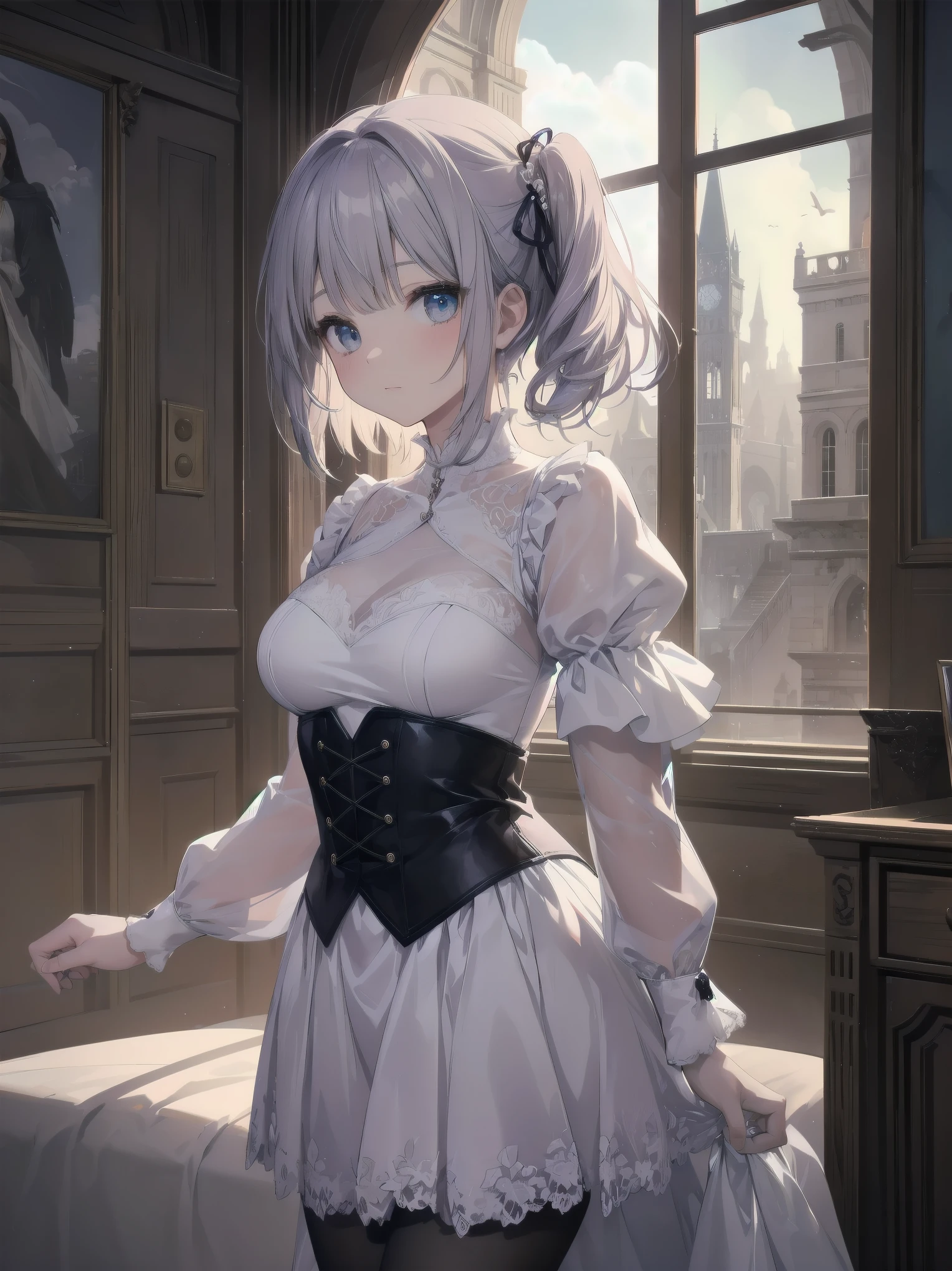  bride: wedding ring shining on ring finger Fusion of medieval European fashion Emphasis on elements of cuteness and adoration Posed illustration of the overwhelming cuteness of the character in the foreground Overwhelming architectural and cityscape background Ultra-detailed, rich, contemporary interpretation of medieval Europe and fantasy world Realistic textures, Professional artistic shading and light sources, scene-like cinematography and effects, depth of subject One beautiful girl, super cute, bob cut, side ponytail, perfect anatomy 
Colours: pastel, white, pale purple, blue, gingham check 
Materials: chiffon, lace, satin, velvet, etc. Silhouette: fluffy skirt, A-line, long length 
Decoration: frills, ribbons, lace, pearls, embroidery etc. Coordinates Romantic princess: pastel dress, lace blouse, fluffy skirt, ribbon hair accessory, black tights Add accessories and accessories to personalise.