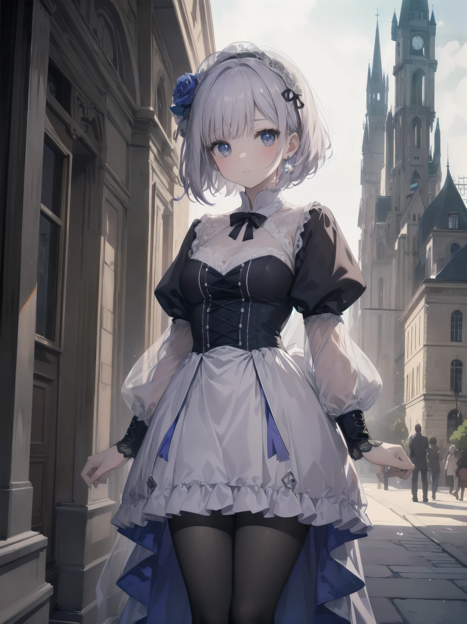 bride: wedding ring shining on ring finger Fusion of medieval European fashion Emphasis on elements of cuteness and adoration Posed illustration of the overwhelming cuteness of the character in the foreground Overwhelming architectural and cityscape background Ultra-detailed, rich, contemporary interpretation of medieval Europe and fantasy world Realistic textures, Professional artistic shading and light sources, scene-like cinematography and effects, depth of subject One beautiful girl, super cute, bob cut, side ponytail, perfect anatomy
Colours: pastel, white, pale purple, blue, gingham check
Materials: chiffon, lace, satin, velvet, etc. Silhouette: fluffy skirt, A-line, long length
Decoration: frills, ribbons, lace, pearls, embroidery etc. Coordinates Romantic princess: pastel dress, lace blouse, fluffy skirt, ribbon hair accessory, black tights Add accessories and accessories to personalise.
