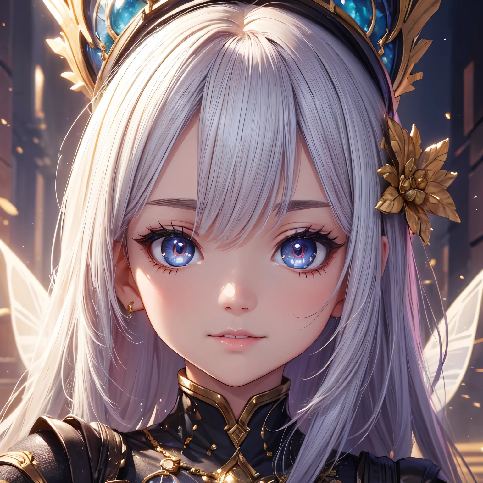 a fairy woman,solo,masterpiece,best quality,highres,Extreme detaildelicate face, Extreme detaildelicate eyes,(face alignment),fair complexion,Exquisite hairstyle,light-colored lips,A charming smile.Strong sense of detail and layer,rich and gorgeous color,with a unique sense of texture, Rich color, color harmony, vivid painting ,design,16k,hyper detailed, abstractionism, cute big eyes, sparkles in eyes