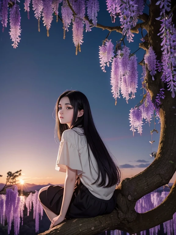 Young girl with black hair and pale skin is sitting on a high branch of a large tree, she is in a peacefully and relaxed pose turnin her face towards the horizon admiring the crepuscule and the nightfall, there are wisteria plants surrounding the background