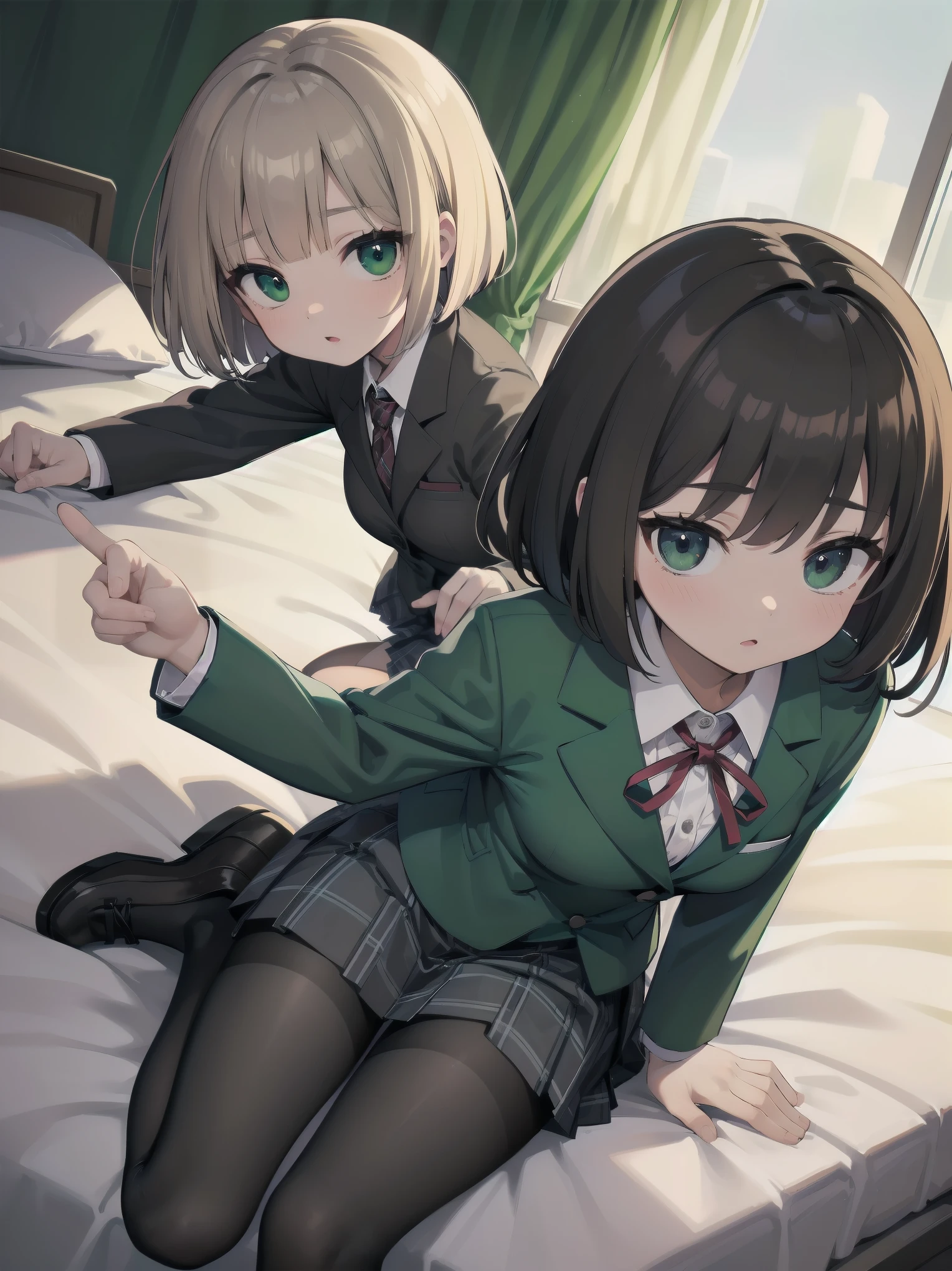 Top-High quality、Highest image quality、masterpiece、high contrast、Vulgarity、high school girl、on the bed、brown hair、bob cut、uniform、(brown blazer)、ribbon tie、(Green and gray plaid skirt)、(black tights)、cinematic lighting、fine shading