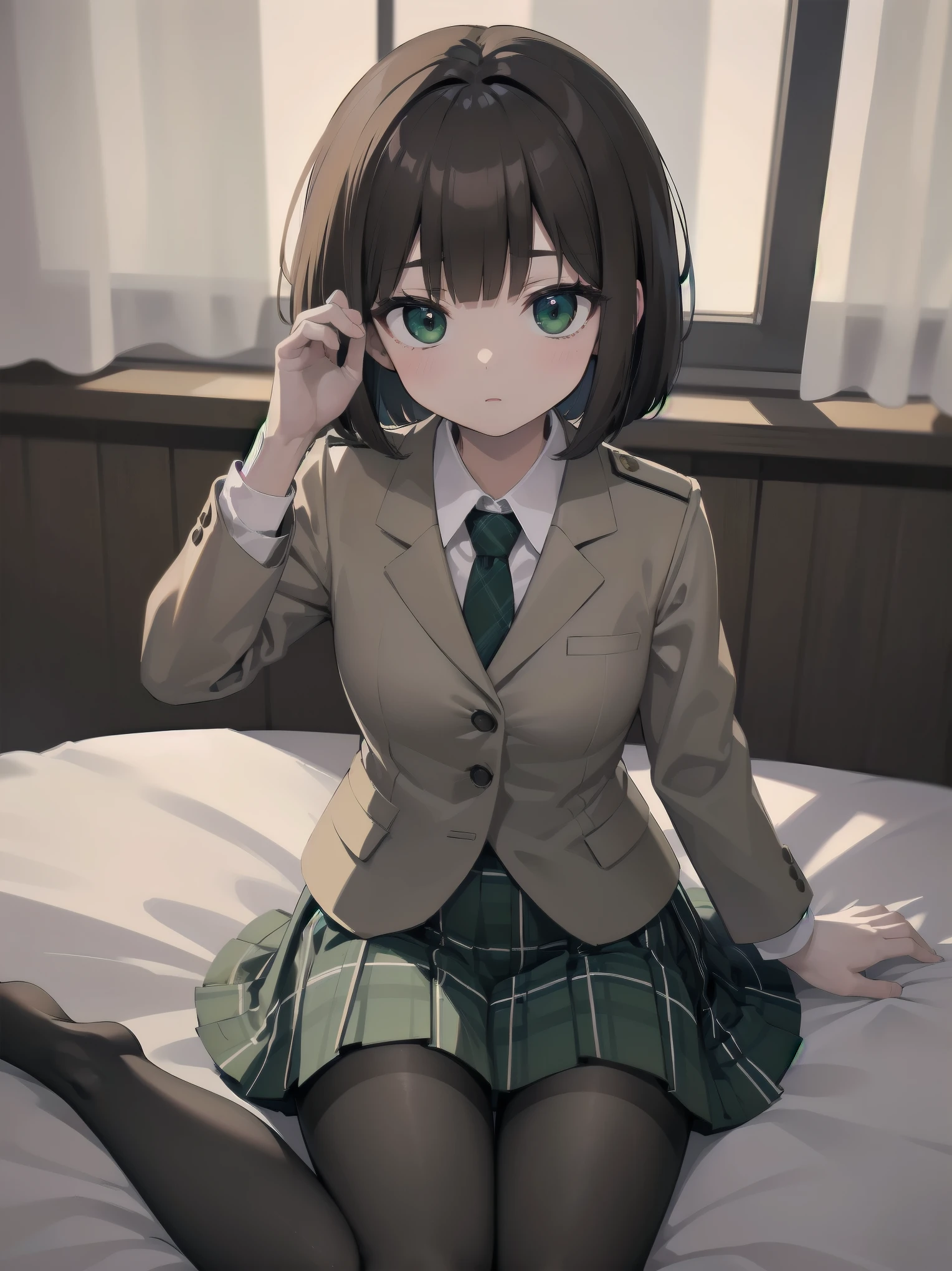 Top-High quality、Highest image quality、masterpiece、high contrast、Vulgarity、high school girl、on the bed、brown hair、bob cut、uniform、(brown blazer)、ribbon tie、(Green and gray plaid skirt)、(black tights)、cinematic lighting、fine shading