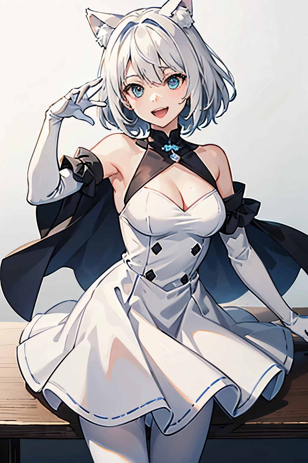 table top　High level image quality　best image quality　8K　 adult woman　whole body　portrait　pure white long gloves（elbow gloves）　Pure white pantyhose　white dress（sleeveless）　white wolf ears　short hair（（shortcut）（gray hair）（perm）（fluffy））　eye color is blue　attractive face（（laughter）（smile）（open your mouth））　I&#39;m looking forward to　sexy pose　hold the skirt