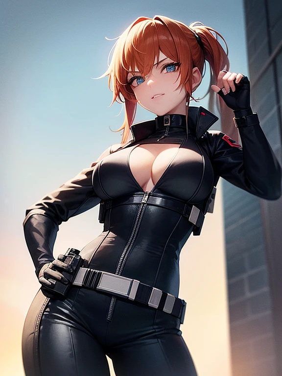 half body portrait, generic 32 year old Cyberpunk Agent, pretty and brave, medium breasts, pale skin, thin and athletic, (Wearing a blue futuristic jumpsuit, utility belt and gun holsters), doing a heroic pose with hands on hips, grin with teeth, cleavage exposed, perfect eyes, perfect irises, standing on a rooftop with a night sky, The skyline of a cyberpunk city is seen in the background, (1girl with short orange hair, pony tail style and bright blue irises), 4k textures, raw photo, epic artistic, photoreal art, sharp focus, even lighting, insane details, intricate details, hyperdetailed, rich colors, staring at viewer, looking into camera, windswept hair blowing in the wind