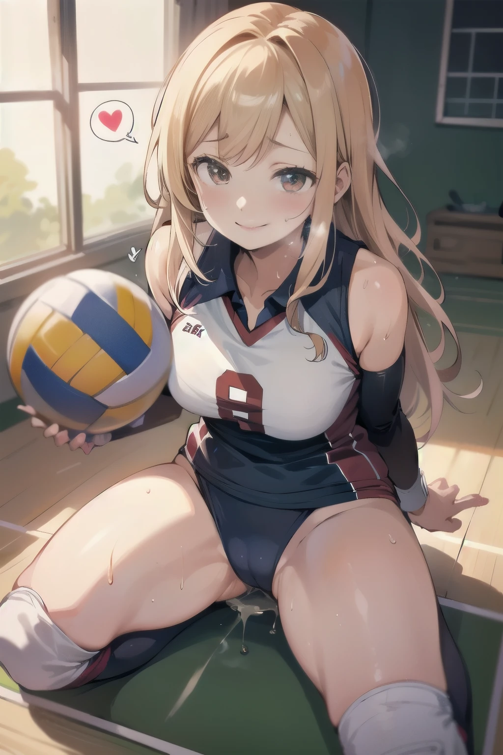 unity 8k wallpaper, anatomically correct, (((masterpiece))), (((best quality))), (((ultra detailed))), (((high-resolution))), ((Ultimate cutie)), perfect hands, perfect finger, (((good anatomy))), detailed beautiful face, shiny hair, (((gyaru))), (potbelly), (curvy), medium breasts, ((Thick thighs)), (((solo))), ((seductive smile)), (((blush))),
BREAK, (((sit astride the perfectly spherical shape 6-inch volleyball))), (((Straddling a perfectly spherical 6" volleyball))), (((Perfectly spherical 6" volleyball fits perfectly crotch))), BREAK, (((Rub the Perfectly spherical 6" volleyball against crotch))), (masturbation),
BREAK, (Collared volleyball uniforms), sleeveless, ((buruma)), ((kneepad)), pussy juice stained, (elbow pad), (((sweat))), (((covered in sweat))), ((deep breathing)), in Volleyball Court, indoor, lighting, looking at viewer, full body, (spoken heart)