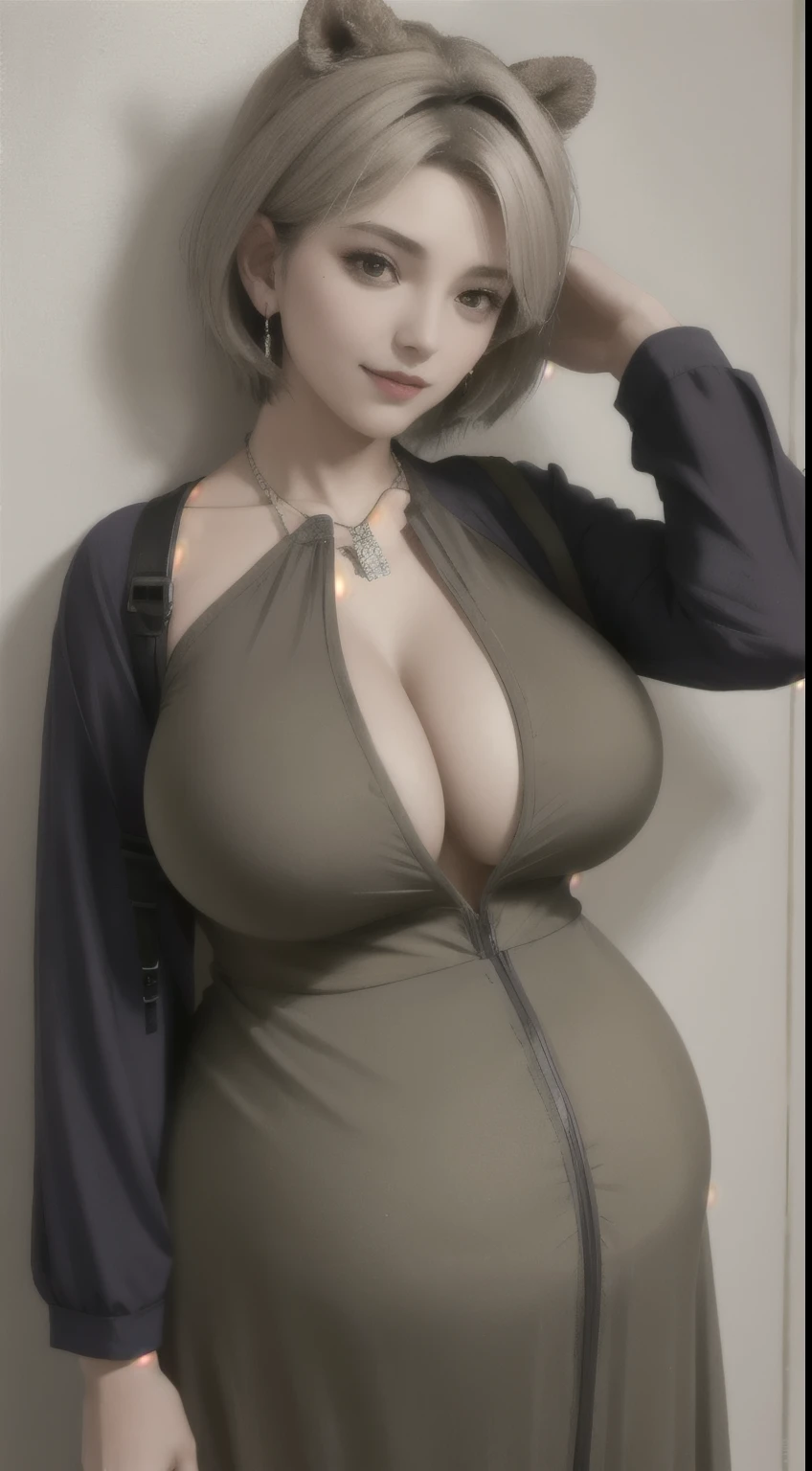 standing on a , aroused, necklace, earrings, full body, short grey hair, brown dress, cleavage, superb, ultra-high-definition, RAW photo, realism: 1.25), (bright lip gloss, long eyelashes, smooth face , bright skin, natural shadows, wide light, wide light, depth of field, strong colors, subtle caustics: 0.8), smile, (big tits), (huge pregnant),v6