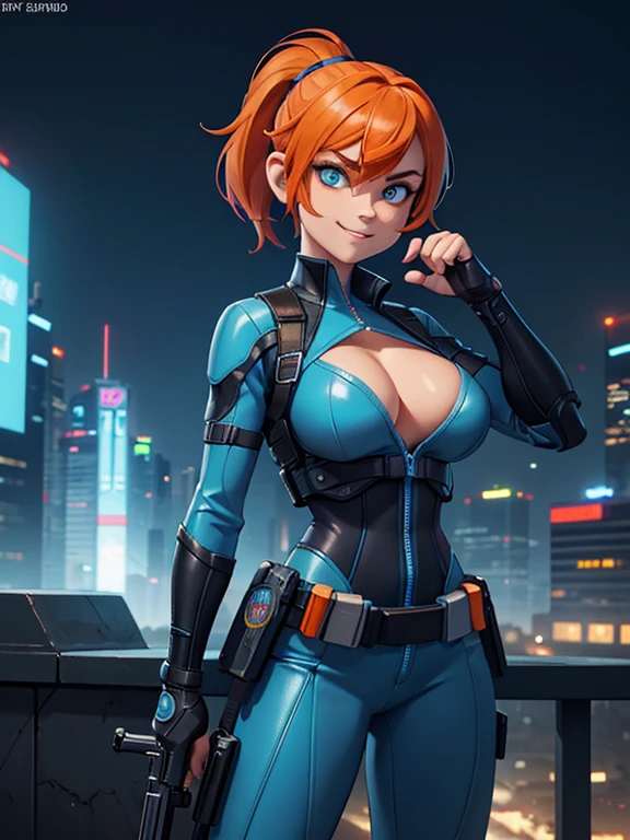 half body portrait, generic 32 year old Cyberpunk Agent, pretty and brave, medium breasts, pale skin, thin and athletic, (Wearing a blue futuristic jumpsuit, utility belt and gun holsters), doing a heroic pose with hands on hips, grin with teeth, cleavage exposed, perfect eyes, perfect irises, standing on a rooftop with a night sky, The skyline of a cyberpunk city is seen in the background, (1girl with short orange hair, pony tail style and bright blue irises), 4k textures, raw photo, epic artistic, photoreal art, sharp focus, even lighting, insane details, intricate details, hyperdetailed, rich colors, staring at viewer, looking into camera, windswept hair blowing in the wind