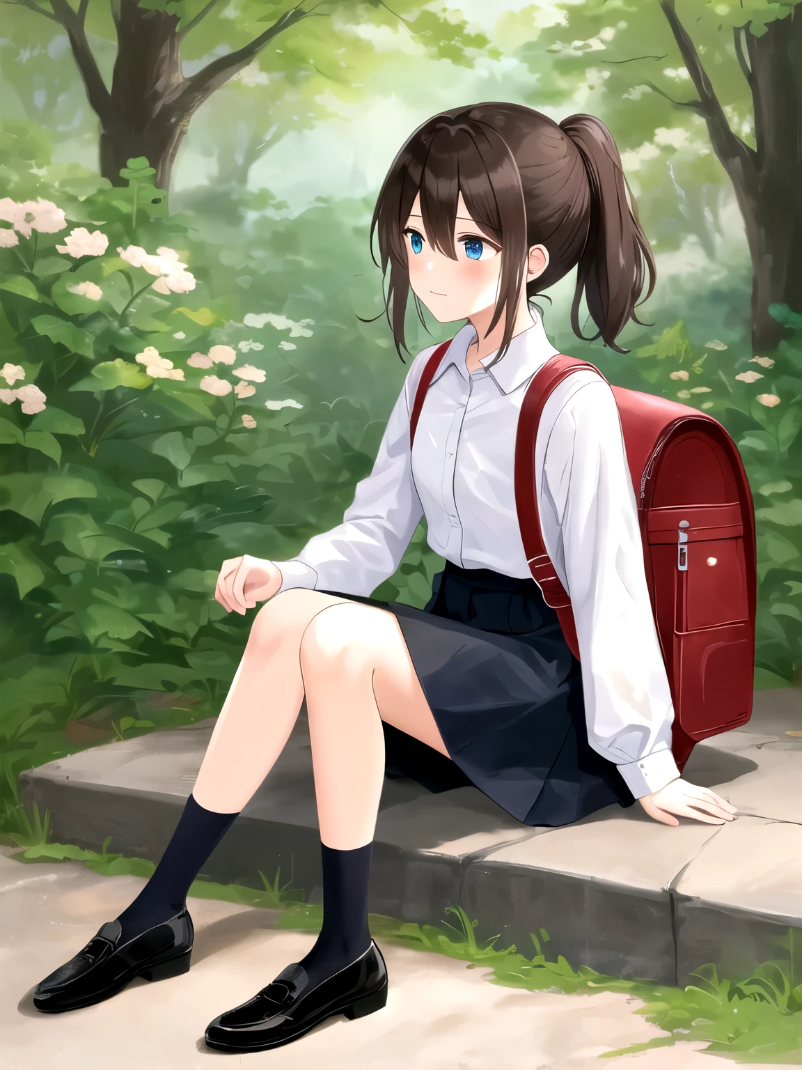 Masterpiece, hd, 2d, 1girl, solo, randoseru, backpack, bag, red bag, black footwear, white shirt, black socks, blue eyes, blush, brown hair, brown skirt, closed mouth, collared shirt, day, full body, hair between eyes, long sleeves, looking away, medium hair, outdoors, ponytail, shirt, shoes