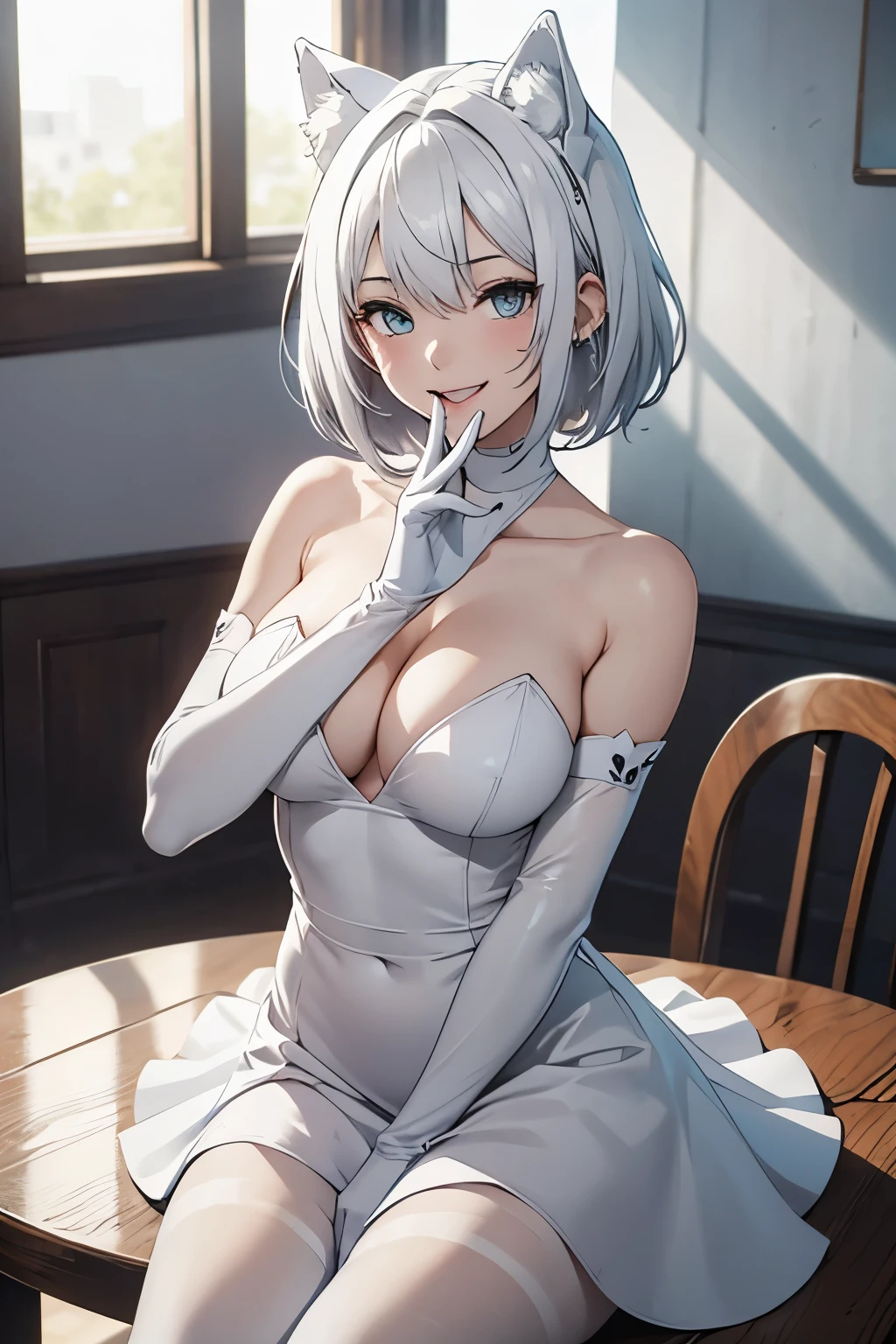 table top High level image quality best image quality 8K adult woman whole body portrait pure white long gloves(elbow gloves) Pure white pantyhose white dress(Tube top) white wolf ears short hair((shortcut)(gray hair)(perm)(fluffy)) eye color is blue attractive face((laughter)(smile)(open your mouth)) I'm looking forward to sexy pose hold the skirt