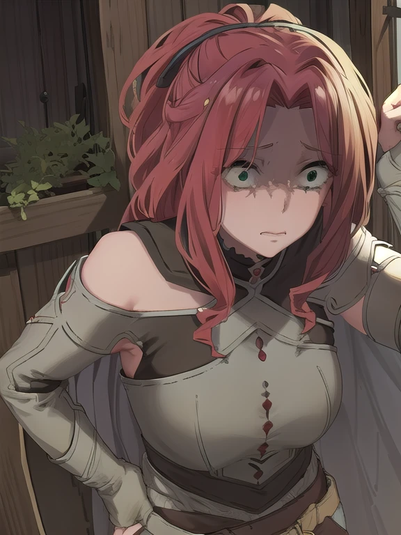 maltymelromarc, malty melromarc, long hair, (green eyes:1.3), red hair, (parted bangs:1.5), ponytail, SCARED EXPPRESSION, BREAK bare shoulders, belt, cape, armor, breastplate, BREAK outdoors, forest, mist, red eyes stalker betwen trees, BREAK (masterpiece:1.2), best quality, high resolution, unity 8k wallpaper, (illustration:0.8), (beautiful detailed eyes:1.6), extremely detailed face, FACE CLOSEUP, dark lighting, extremely detailed CG, (perfect hands, perfect anatomy),