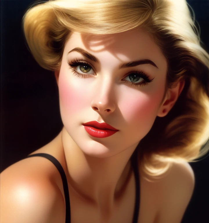 1970s,by Alberto Vargas,(Best quality, work of art), ultra-detailed and delicate portrait of a beautiful and timeless girl,noir woman, sultry eyes, closeup, style of Rolf Armstrong, light and shadow,charge of face,sexy face, beautifull nose, make different hair, make variations female noses,woman of costa rica