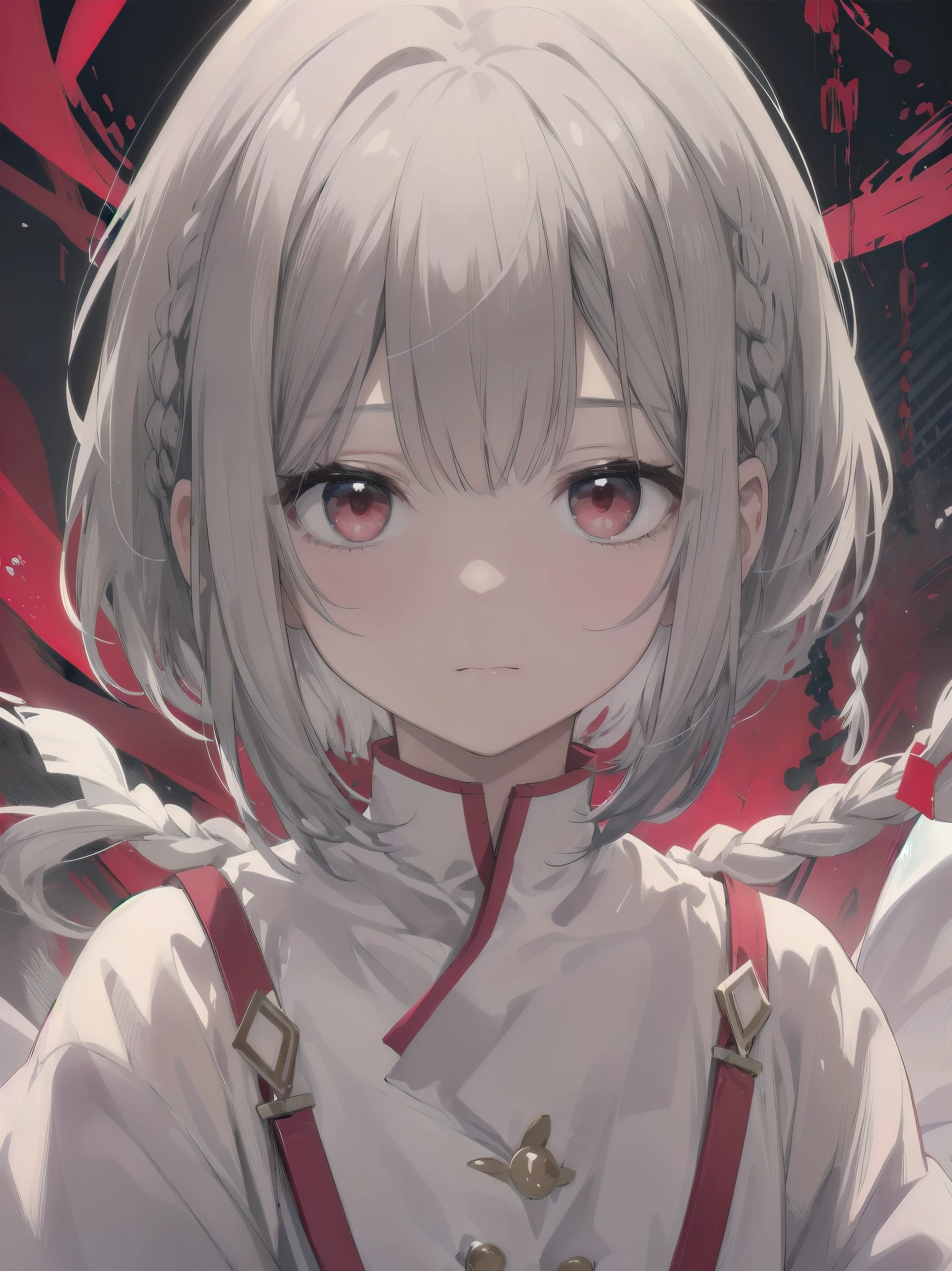 highest quality, masterpiece,gray hair, red eyes,white clothes, look up, Upper body,Fair skin,One-length bob cut with braided braids、cute