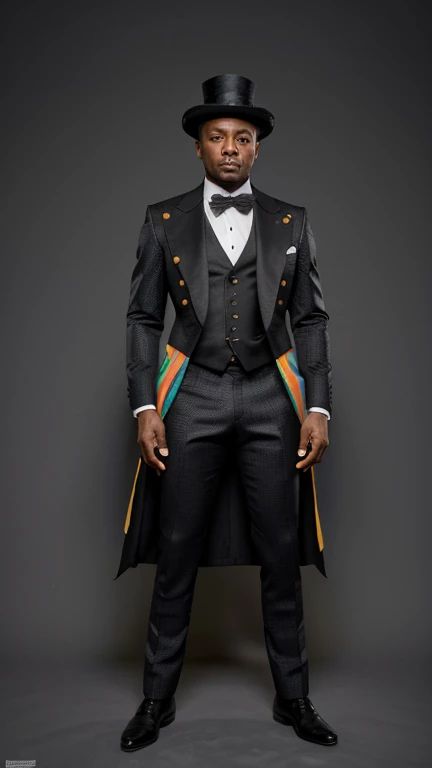 Full body view, homem com orelhas de coelho, rabo de coelho, wore a colorful three-piece suit and black top hat on his head, olhos calorosos, hands stained with ink, high definition, retina, obra de arte, preciso, Anatomicamente Correto, pele texturizada, super detalhe, detalhes altos, alta qualidade, premiado, Melhor qualidade, high resolution, 1080P, High definition, 4K, 8k, 16k