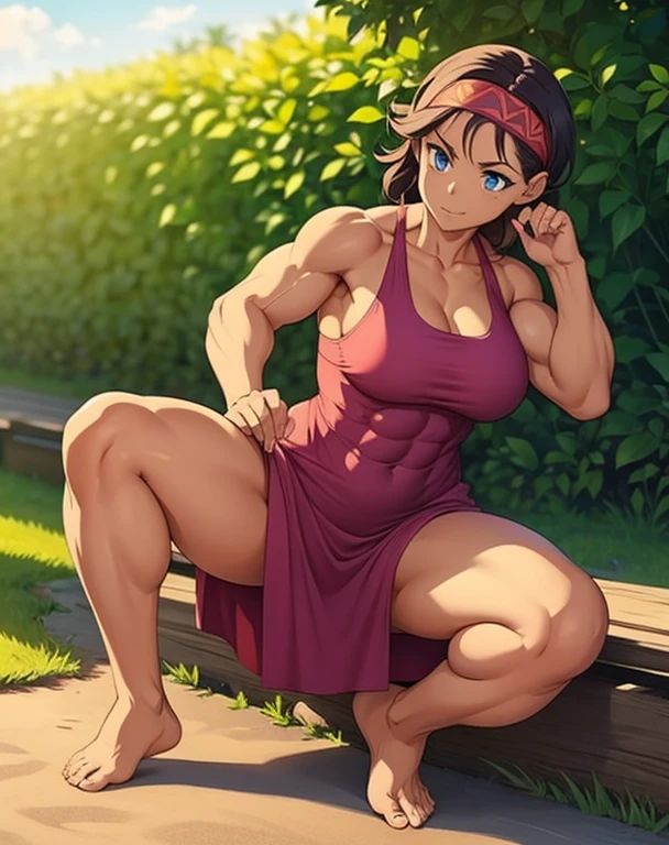 Woman, barefoot, summer dress, headband, toned abs
