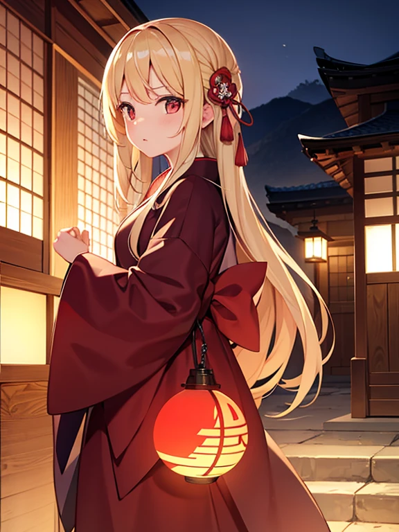 One blonde girl、red eyes、Kimono、suns、kyoto、