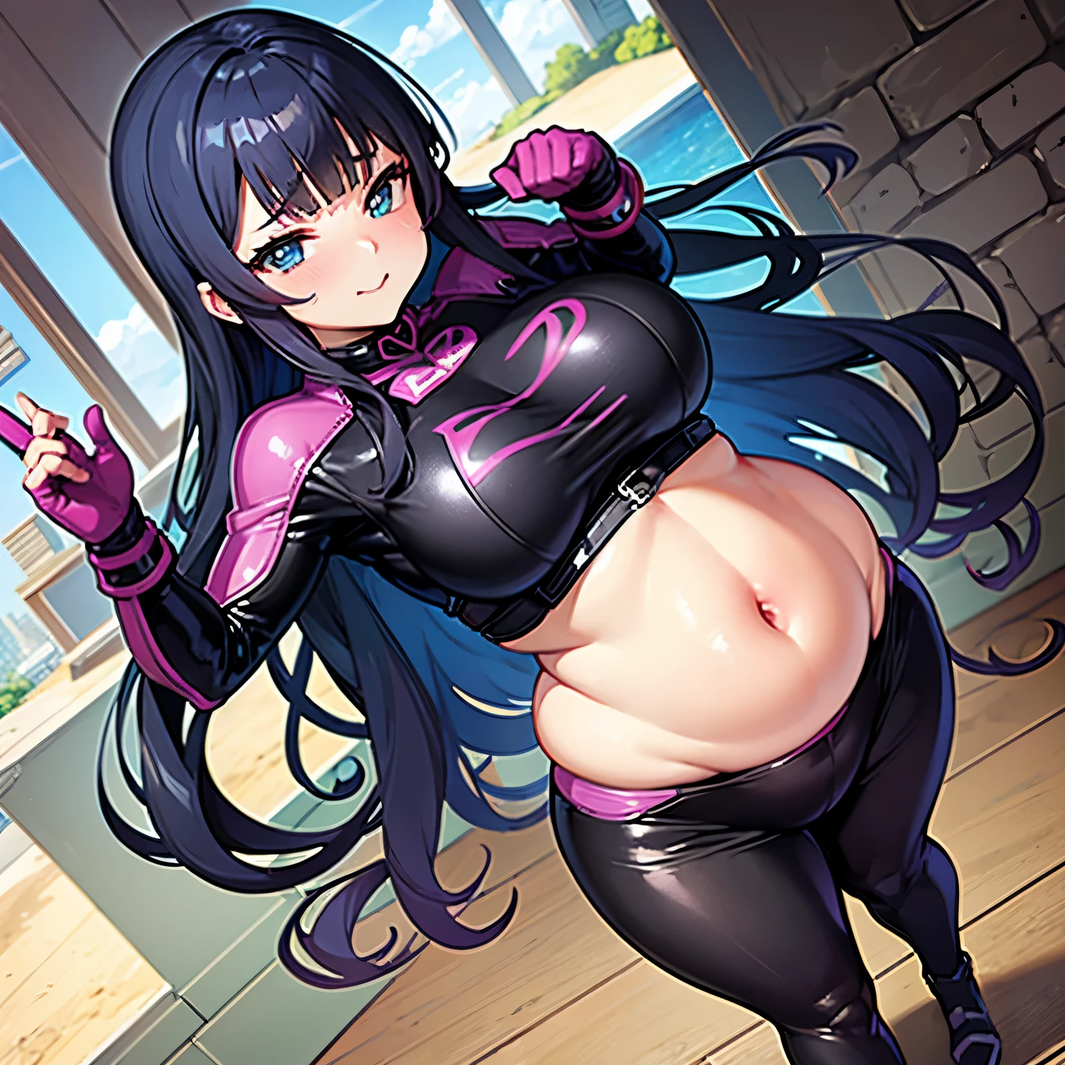 hermosa, super hero woman in leather clothing, muy gorda, yque tenga una enorme panza, que se obesa, That she has great curves and that her stomach protrudes because of how fat Toriyama Akira is., James Gillard, impacto genshin, fanbox de pixiv de tendencia, acrylic spatula, 4k, colores vibrantes, convertirse, Tendencia en Artstation, so fat that she looks immobile due to her weight, aumento de peso