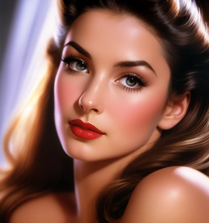 1970s,by Alberto Vargas,(Best quality, work of art), ultra-detailed and delicate portrait of a beautiful and timeless girl,noir woman, sultry eyes, closeup, style of Rolf Armstrong, light and shadow,charge of face,sexy face, beautifull nose, make different hair, make variations female noses,woman of belize