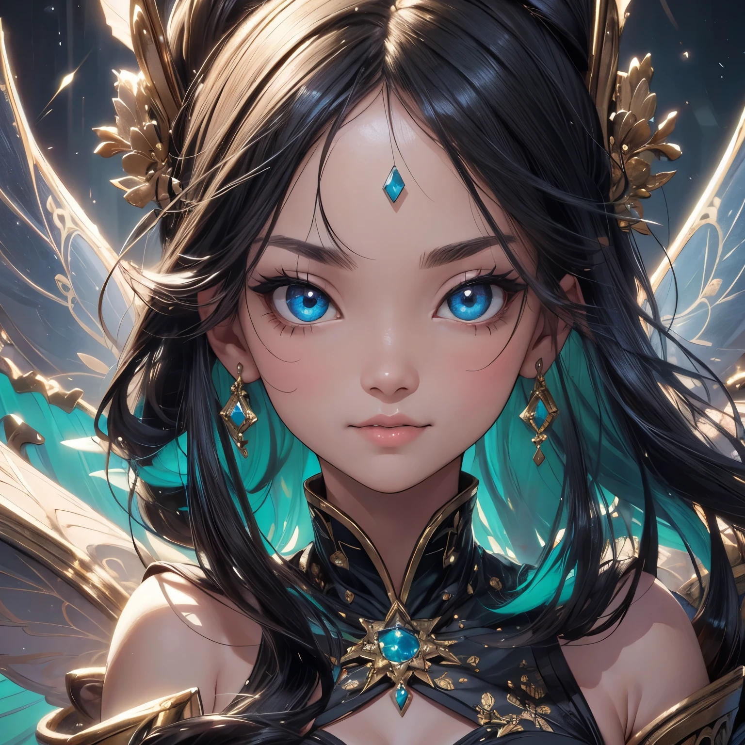 a fairy woman,solo,masterpiece,best quality,highres,Extreme detaildelicate face, Extreme detaildelicate eyes,(face alignment),fair complexion,Exquisite hairstyle,light-colored lips,A charming smile.Strong sense of detail and layer,rich and gorgeous color,with a unique sense of texture, Rich color, color harmony, vivid painting ,design,16k,hyper detailed, abstractionism, cute big eyes, sparkles in eyes