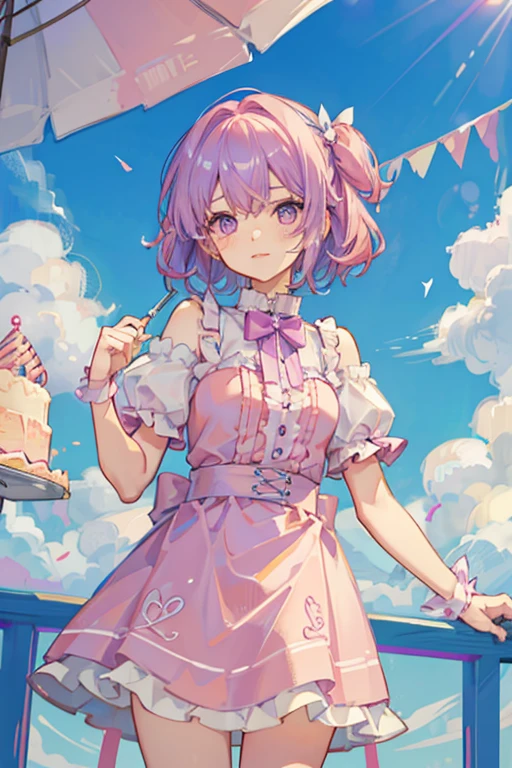 Pink and light blue dreamy hair Wave Shorthair Big purple eyes cute girl birthday cake pastel colour
