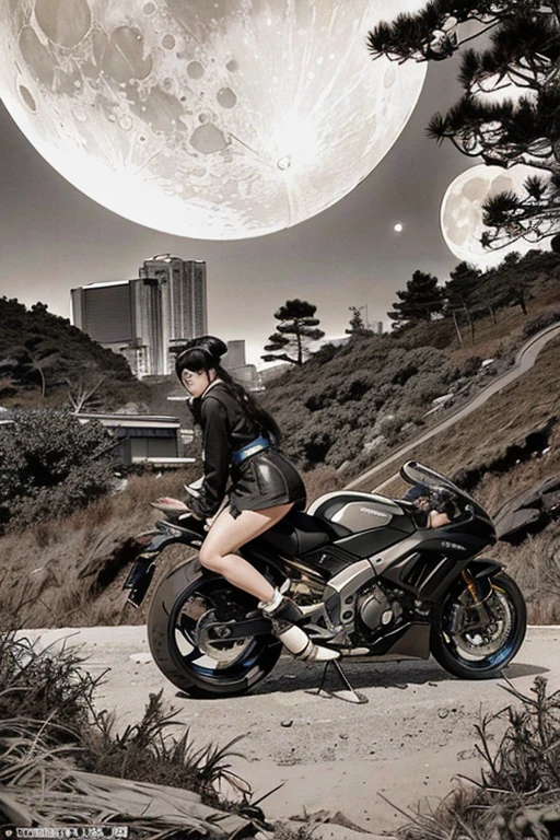 highest quality, masterpiece, photograph, 4k, photographrealistic, very detailed,
A woman riding a bike, tech wear, cyberpunk city, alone, futuristic, huge moon in the background, black and white, by Akira Toriyama, forest、mountain path、close,
