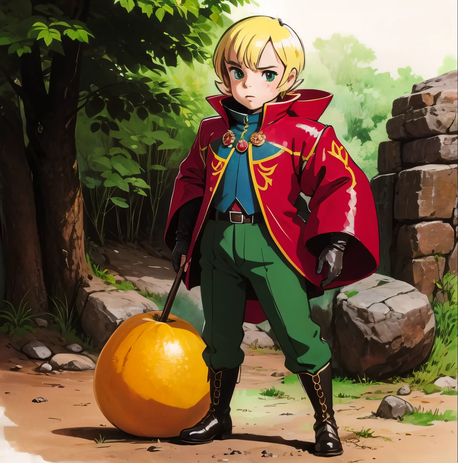 personaje anime con orejas puntiagudas, traje vinotinto, pantalones verde azulados, botas negras con un hebilla dorada, chaleco de cuero, guantes de cuero y metal, guantes negro, brazales dorados, espada dorada con mango vinotinto cabello rubio, ojos verde azulados fondo de fantasia anime