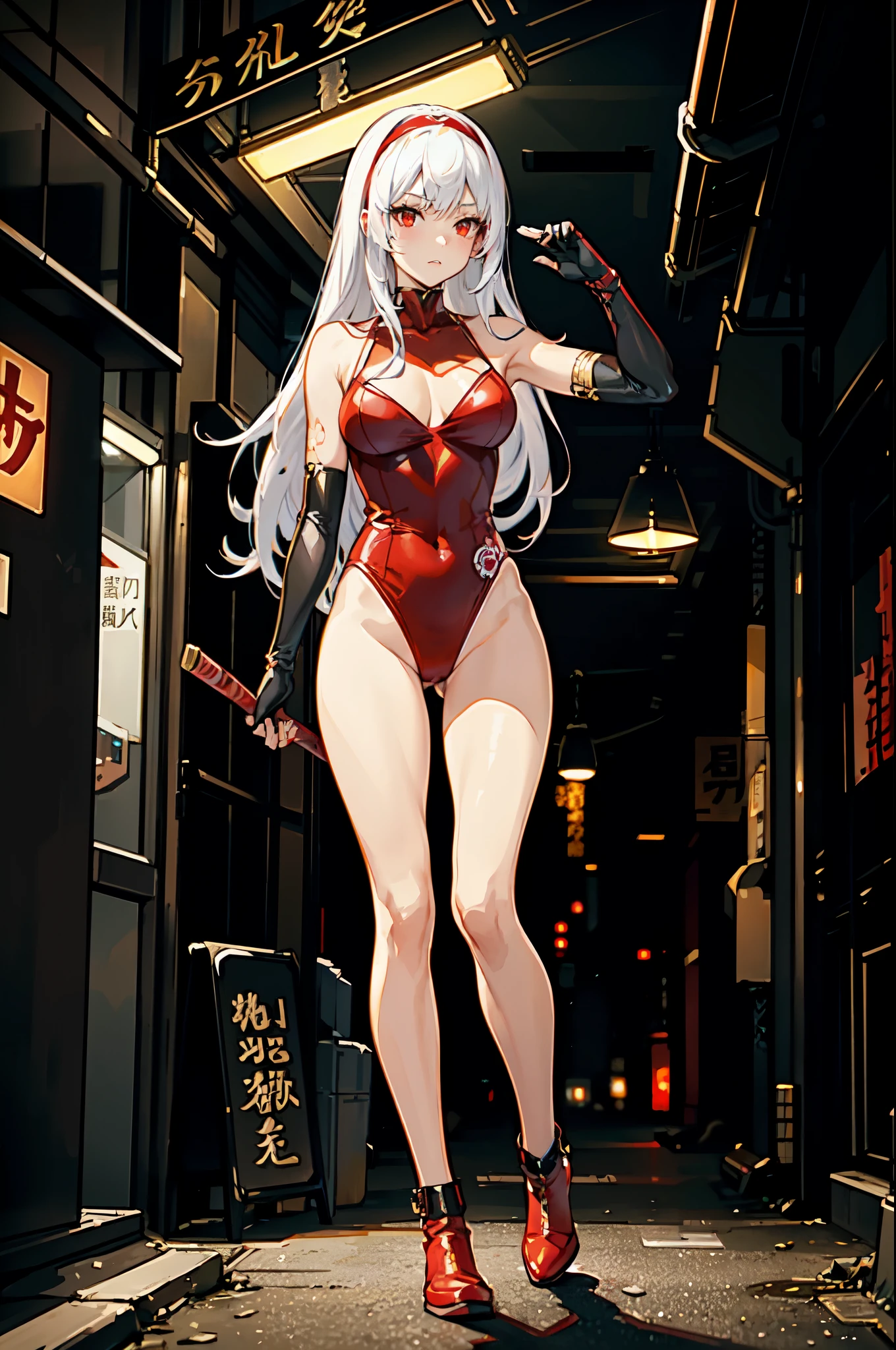 masterpiece, best quality, solo, solo focus, japanese yakuza mobster girl with a red gymnast leotard, matching boots, matching gloves, long hair, white hair, red hairband, glowing red eyes, face mask, bare legs, perfect hands, perfect ???????, perfect proportions, (holding weapon, bo staff), facial scar, heroic, stylish, hdr, intricate details, hyperdetailed, cinematic, rim light, danger atmosphere, ????, night, cyberpunk lighting, tokyo street