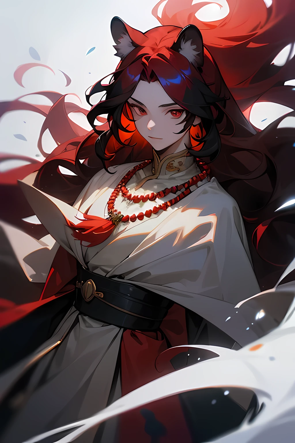 (masterpiece, Best quality:1.2),1 boy, upper body,tail, large tail, Red hair, very long hair, Wavy hair, Red eyes, detailed eyes, multicoloRed hair, hoop, beaded necklace, animal ears, leopard ears, black raincoat, White dress, thigh vent, pelvic curtain, snowy, snowy mountains, blizzard, volumetric lighting, Subsurface scattering, cinematic lighting, chiaroscuro, floating hair, hand on chest, Mature Look, human ears covered with hair