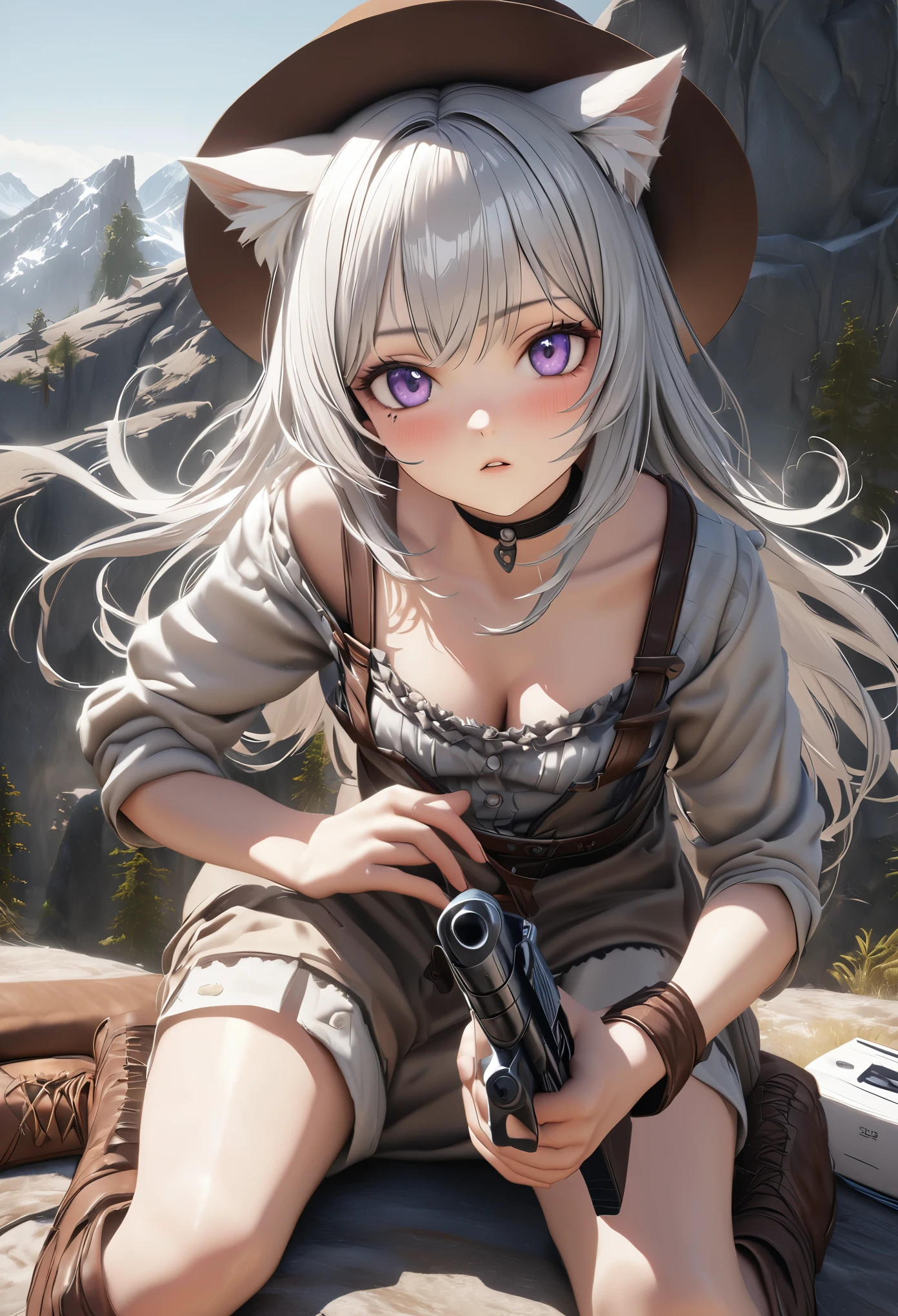masterpiece,highest quality, Super detailed, High resolution, expensive resolution, HDR, 4k, 8K, unity 8k wallpaper, Super detailed CG, masterpiece, realistic, 2D, 3D, beautiful details, depth, fine texture , super fine: 1.3, Fully focused, Crispy.skin, .he,
Very cute anime girl 、Desolate wilderness、cowboy styleの衣装、cowboy hat、cowboy boots、hand gun、mexican wilderness、duel、hand gunを持って立っている、long silver hair wearing expensive , one girl、alone, long silver hair, animal ears, Cat ear, cowboy style、cowboy hat、hand gun、duel、cowboy boots、computer、disk、mole under the eye, looking at the viewer , expensive , blush, mole, Cat ear, parted lips, hair ornaments, heart, purple eyes, choker