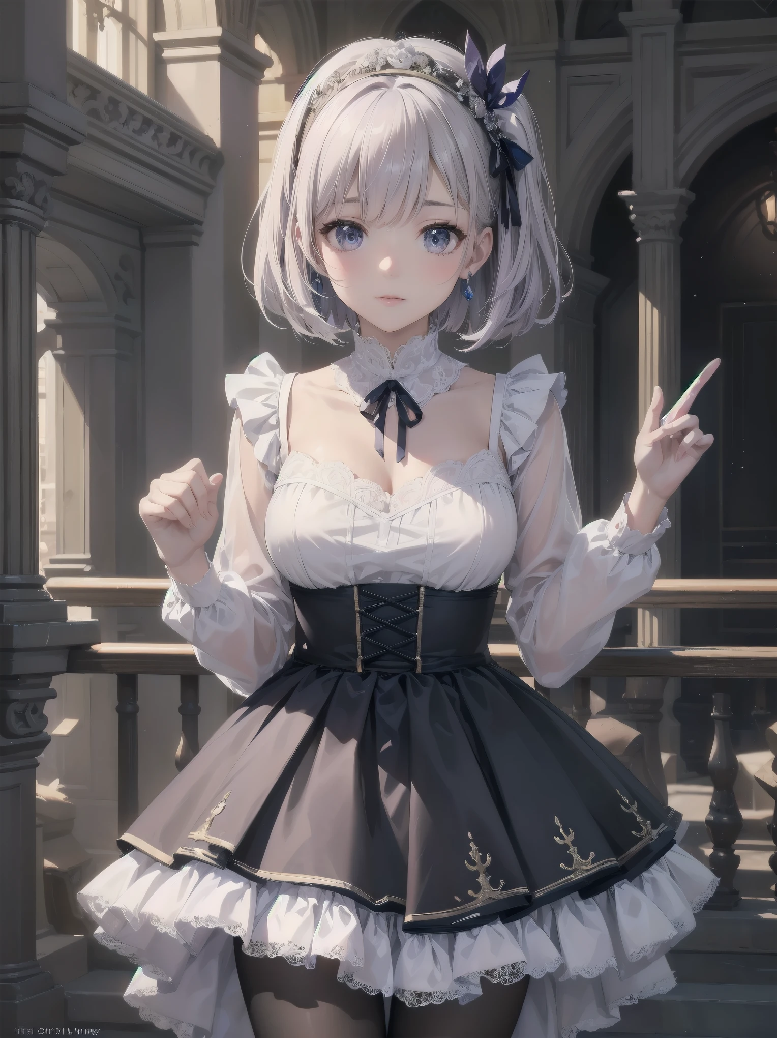  bride: wedding ring shining on ring finger Fusion of medieval European fashion Emphasis on elements of cuteness and adoration Posed illustration of the overwhelming cuteness of the character in the foreground Overwhelming architectural and cityscape background Ultra-detailed, rich, contemporary interpretation of medieval Europe and fantasy world Realistic textures, Professional artistic shading and light sources, scene-like cinematography and effects, depth of subject One beautiful girl, super cute, bob cut, side ponytail, perfect anatomy 
Colours: pastel, white, pale purple, blue, gingham check 
Materials: chiffon, lace, satin, velvet, etc. Silhouette: fluffy skirt, A-line, long length 
Decoration: frills, ribbons, lace, pearls, embroidery etc. Coordinates Romantic princess: pastel dress, lace blouse, fluffy skirt, ribbon hair accessory, black tights Add accessories and accessories to personalise.