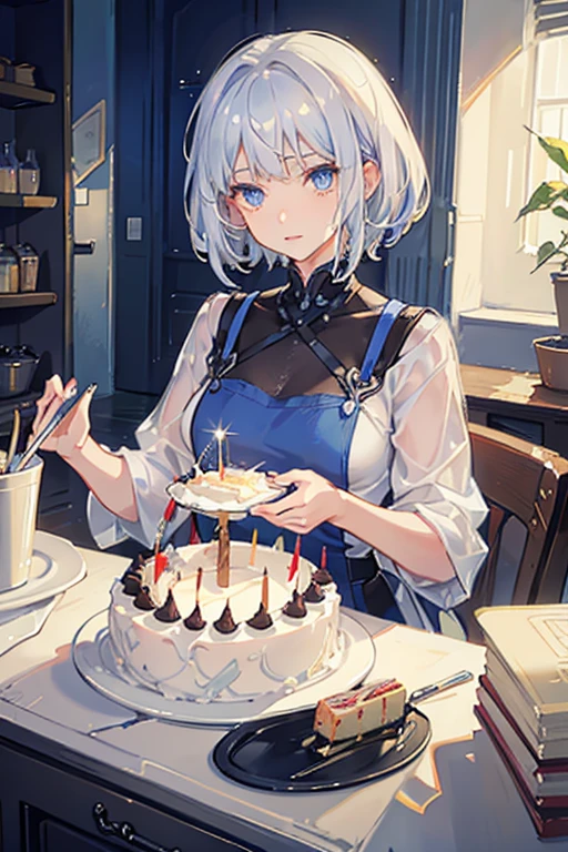 silver hair short hair blue eyes Crisp look fair skin Beauty birthday cake