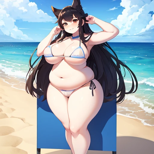 1girl, masterpiece, Atago from Azur Lane, beach, white skimpy micro bikini, full body shown, tall, extremely obese, devious smiling face, sexy standing pose hips to the side, black long hair, love handles, extremely fat belly