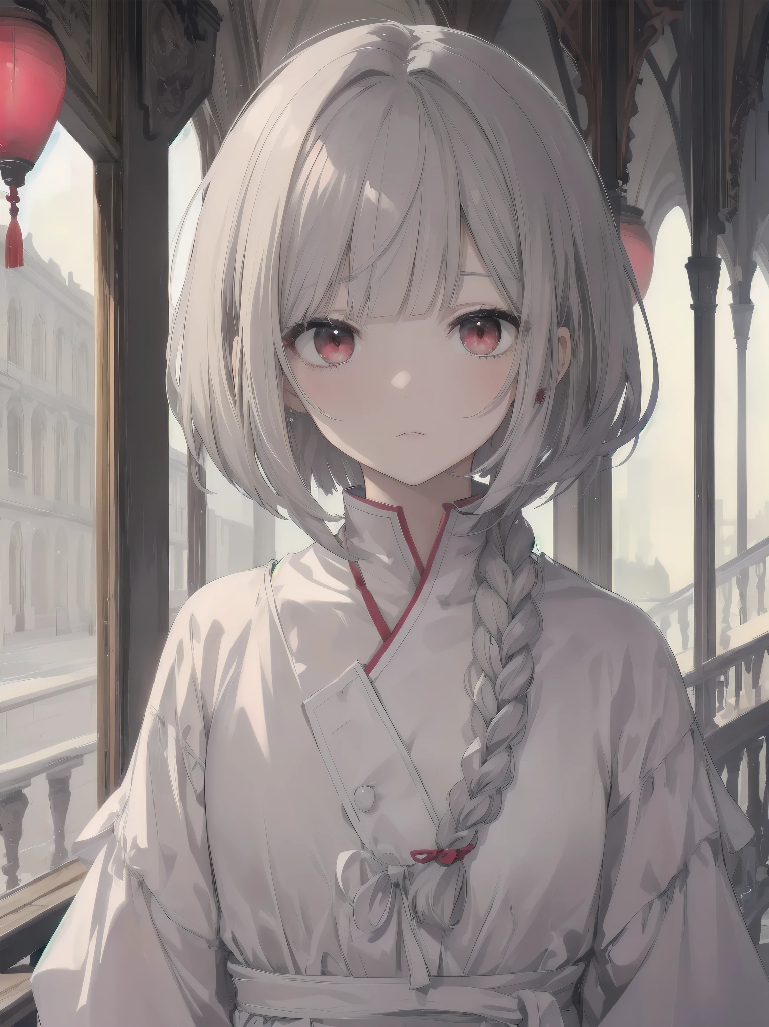 highest quality, masterpiece,gray hair, red eyes,white clothes, look up, Upper body,Fair skin,One-length bob cut with braided braids、cute