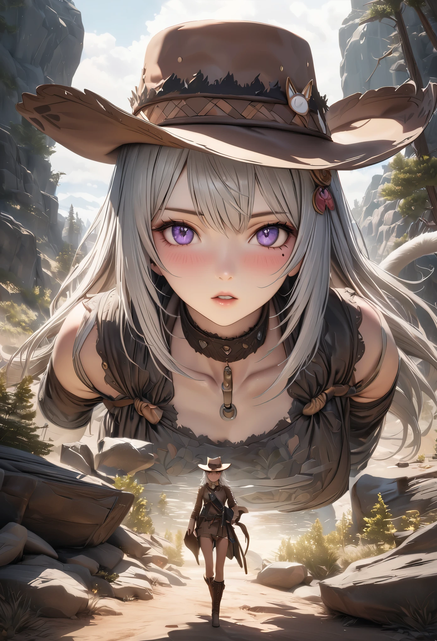 masterpiece,highest quality, Super detailed, High resolution, expensive resolution, HDR, 4k, 8K, unity 8k wallpaper, Super detailed CG, masterpiece, realistic, 2D, 3D, beautiful details, depth, fine texture , super fine: 1.3, Fully focused, Crispy.skin, .he,
Very cute anime girl 、Desolate wilderness、cowboy styleの衣装、cowboy hat、cowboy boots、hand gun、mexican wilderness、duel、hand gunを持って立っている、long silver hair wearing expensive , one girl、alone, long silver hair, animal ears, Cat ear, cowboy style、cowboy hat、hand gun、duel、cowboy boots、computer、disk、mole under the eye, looking at the viewer , expensive , blush, mole, Cat ear, parted lips, hair ornaments, heart, purple eyes, choker
