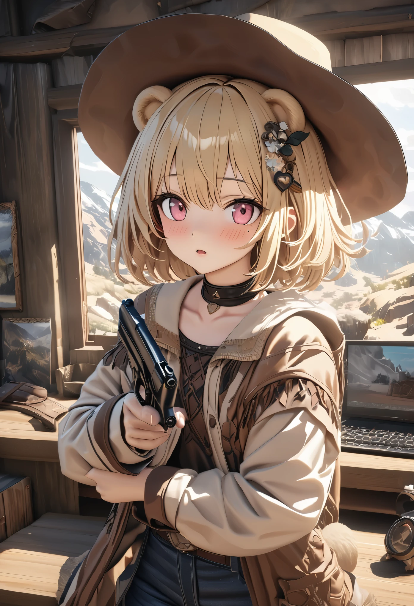masterpiece,highest quality, Super detailed, High resolution, expensive resolution, HDR, 4k, 8K, unity 8k wallpaper, Super detailed CG, masterpiece, photo-realistic, 2D, 3D, beautiful details, depth, fine texture , super fine: 1.3, Fully focused, Crispy.skin, .he,
Very cute anime girl with 、Desolate wilderness、cowboy styleの衣装、cowboy hat、cowboy boots、handgun、Mexican Wilderness、duel、handgunを持って立っている、blonde short hair wearing expensive , one girl、alone, blonde short hair, animal ears, bear ears, cowboy style、cowboy hat、handgun、duel、cowboy boots、computer、disk、mole under the eye, looking at the viewer , expensive , blush, mole, bear ears, parted lips, hair ornaments, heart, pink eyes, choker
