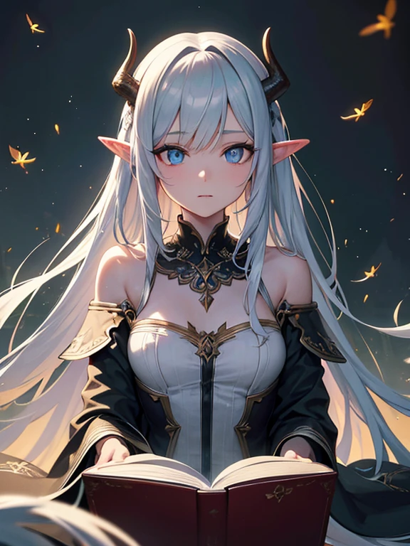 Masterpiece, Best Quality, High Quality, (Long Hair, White Hair), Close up, (glowing light blue eyes), (Darkness:1.2), (Fair Skin), (1Lady, Mythical Creatures, Dark Green Robe) , Solo, Calm, Antlers Deer Horns, (dynamic angle), pointy_ears, magic book, Nature, Fantasy, Abstraction, Deep Forest, Dark Forest, Award-winning photography, Depth of field, HDR, Very detailed, Trending in art stations, Trending in CGsociety, Complex, High detail,(Masterpiece:1.2, Best Quality), (Best Lighting, Very Delicate and Beautiful), (Best Lighting, Very Delicate and Beautiful), (Beautiful Detailed Face), (Detailed Eyes and Detailed Face:1.2), Dark Fantasy, (depth of field),high contrast, (darkness night:1.4), (fireflies:1.4), Magnificent Dark Forest, Night