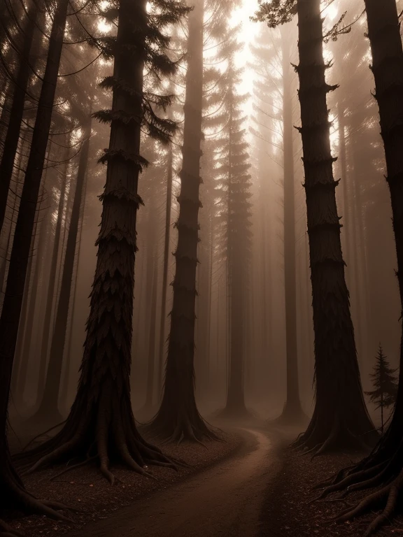 background, no persons, outdoors, forest, mist,red eyes stalk betwen trees, dark sepia, shadows, horror scene