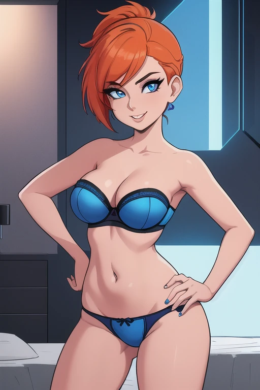 1girl, ((32 years old, wearing a blue strapless bra and blue panties:1.2, medium breasts, short orange hair, pony tail styled hair, perfect model body:1.3, detailed blue eyes:1.5, pale skin, natural makeup, Seductive Smile on face, hands on hips)), full-length, full body, full-length, super face detail, (Background: Indoors, interior of a bedroom with futuristic technology in the background, cyberpunk themed), Very detailed, 4k textures, raw photo, epic artistic, photoreal art, sharp focus, even lighting, insane details, intricate details, hyperdetailed, rich colors,
