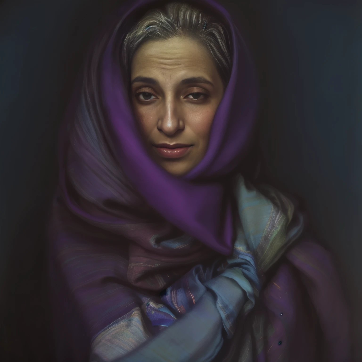 puffy woman with a blue scarf and a purple scarf, inspirado em Annie Leibovitz, rainha persa, inspirado em Steve McCurry, por Joze Ciuha, Annie Leibowitz, retrato colorido, inspirado em Lubna Agha, deusa grega idosa, by Nazmi Ziya Güran, vestido de seda colorida, by Júlio González